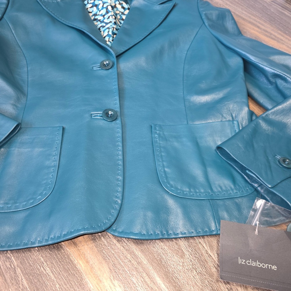 Liz Claiborne Teal Blue 100% Leather Blazer Jacket NWT REMU7642‎ Size 12 - Picture 9 of 15